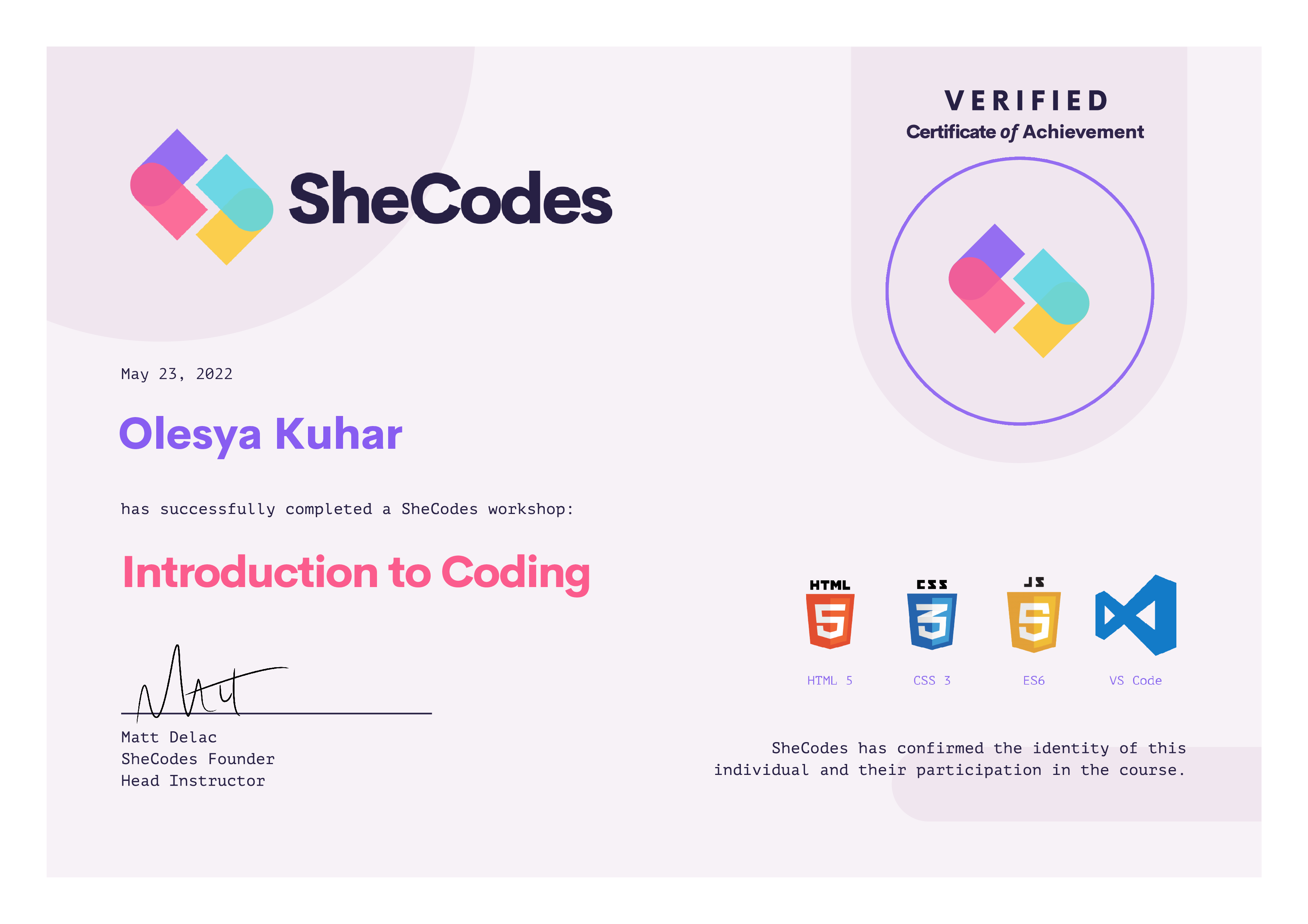 Certificate Olesya Kuhar SheCodes basic