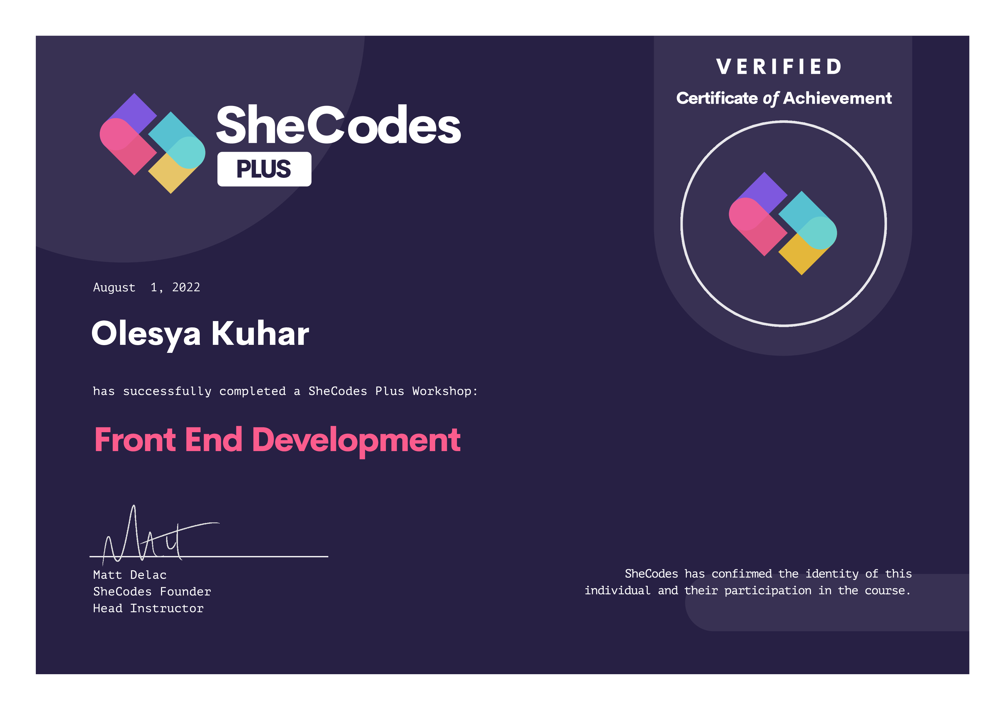 Certificate Olesya Kuhar SheCodes basic