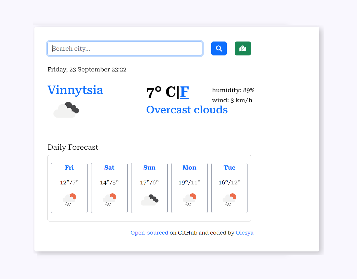 Screenshot of the weather website